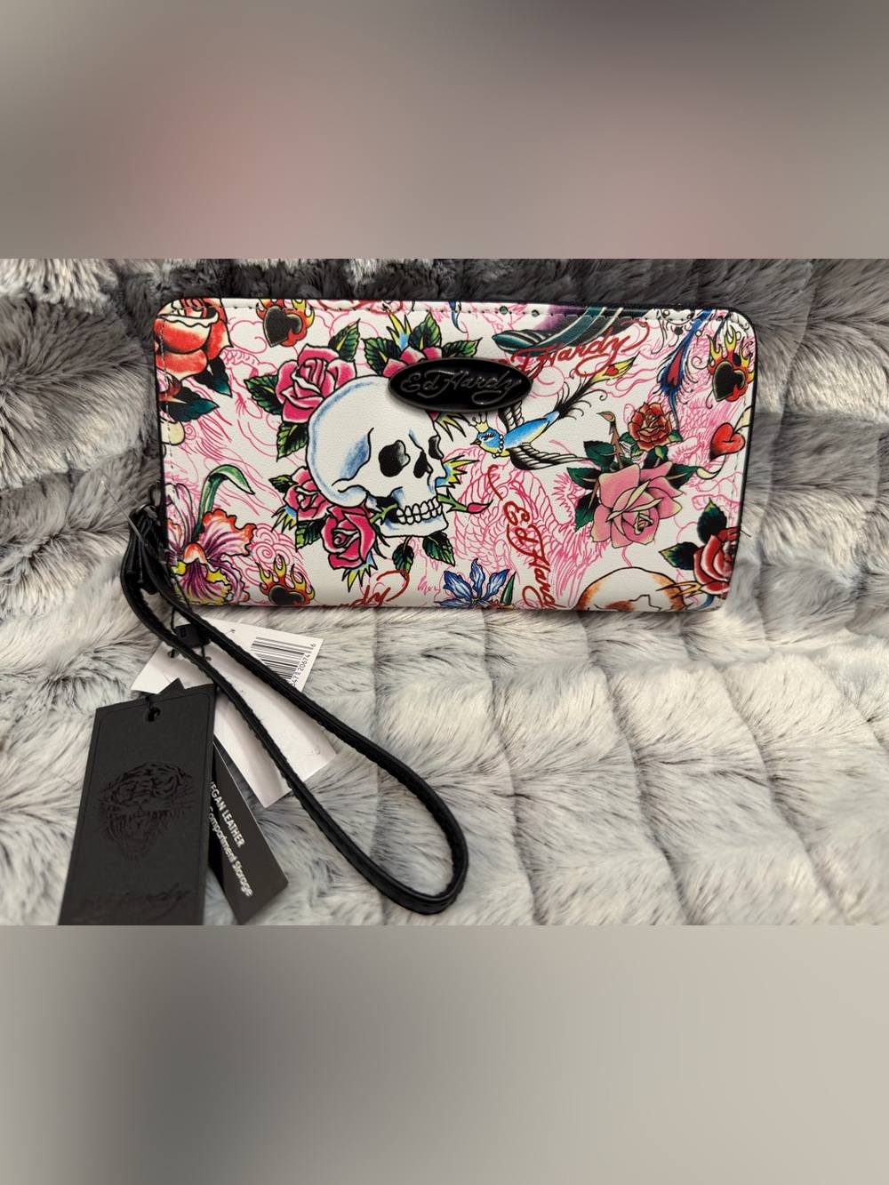 Ed Hardy Pink Metallic Skull & Rose Zip Wristlet